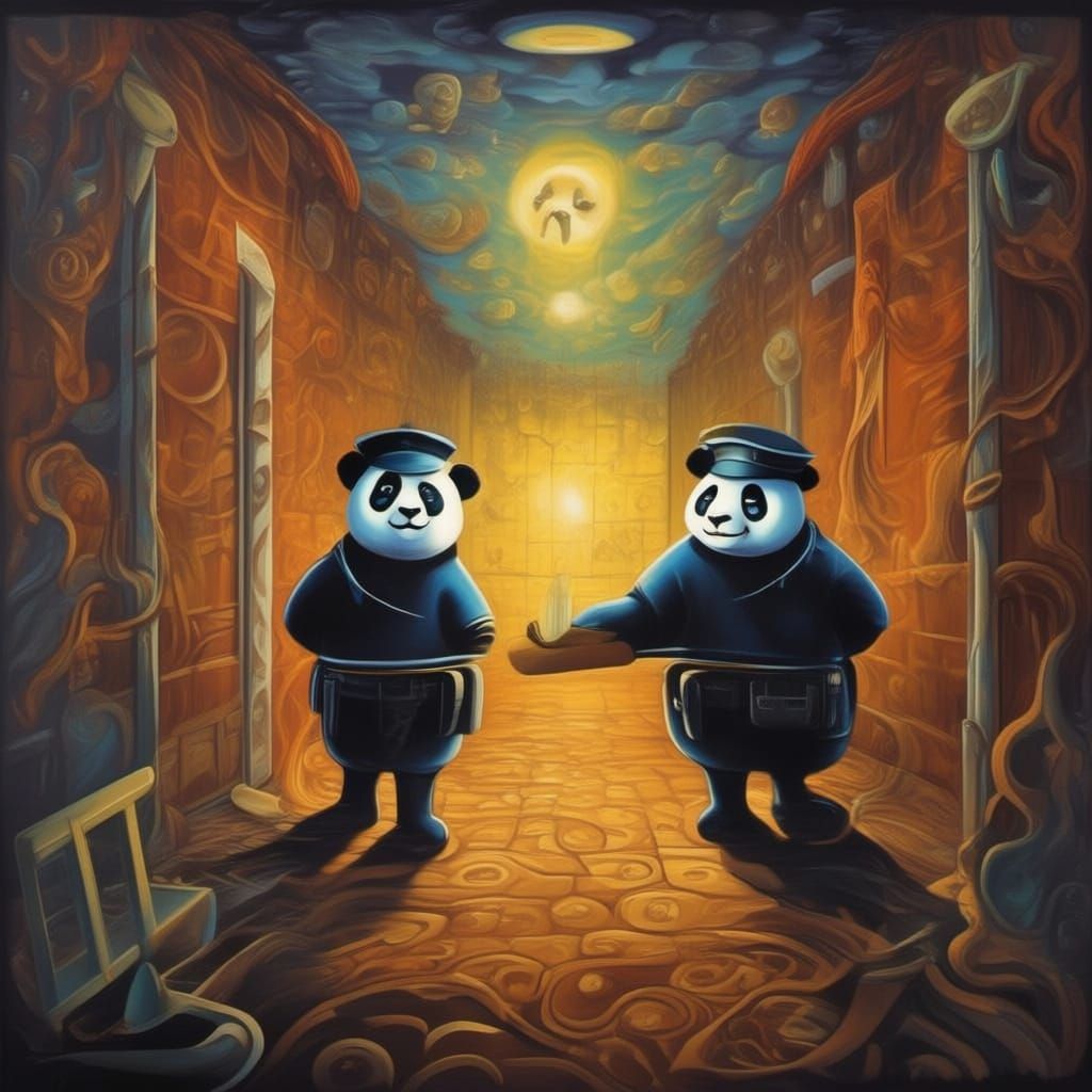 Surreal Prison Cell with Dali Paintings and Panda Guards