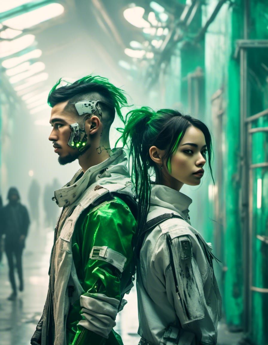 Cyberpunk Couple in Industrial Hallway
