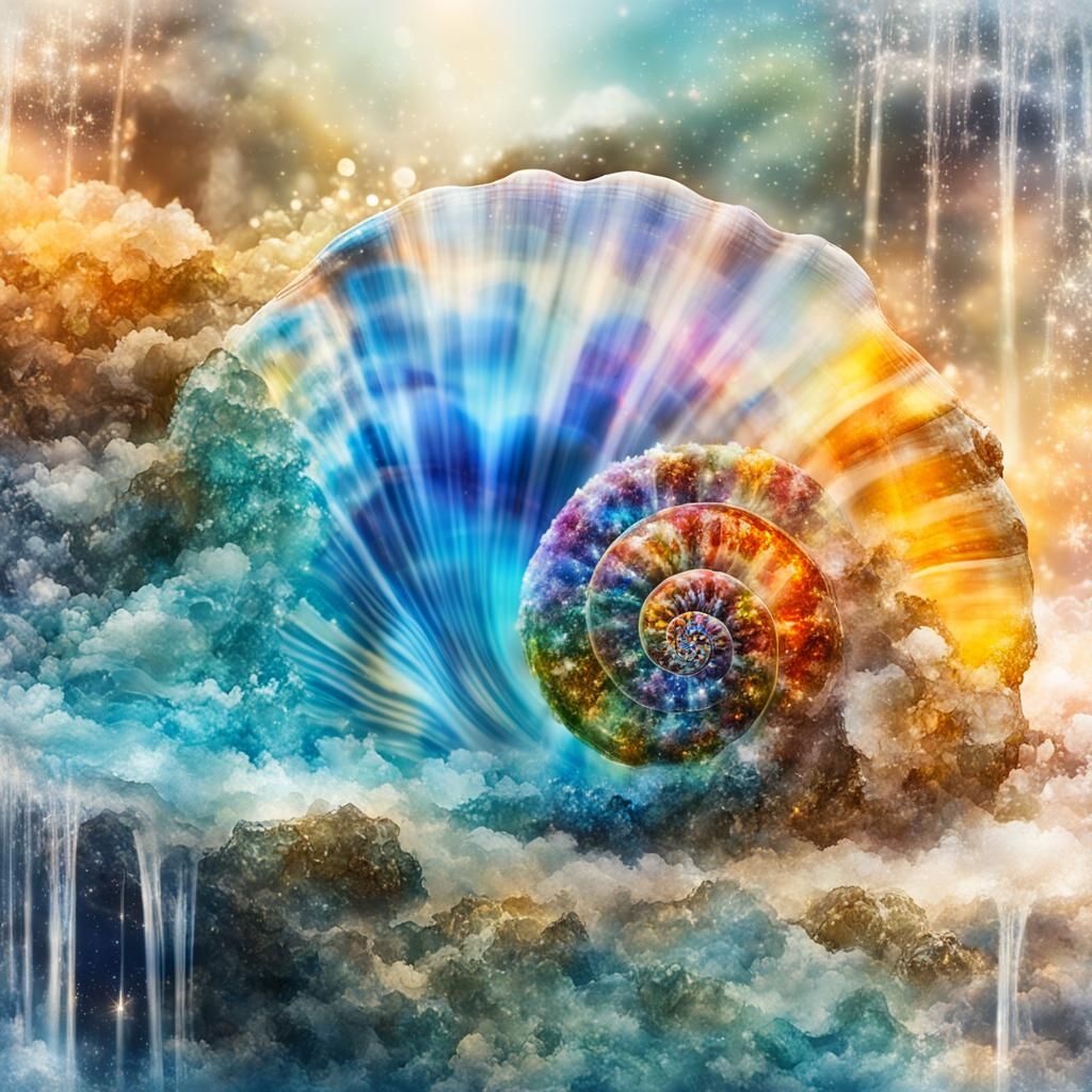 Shell with Sparkling Waterfall: Double Exposure Art