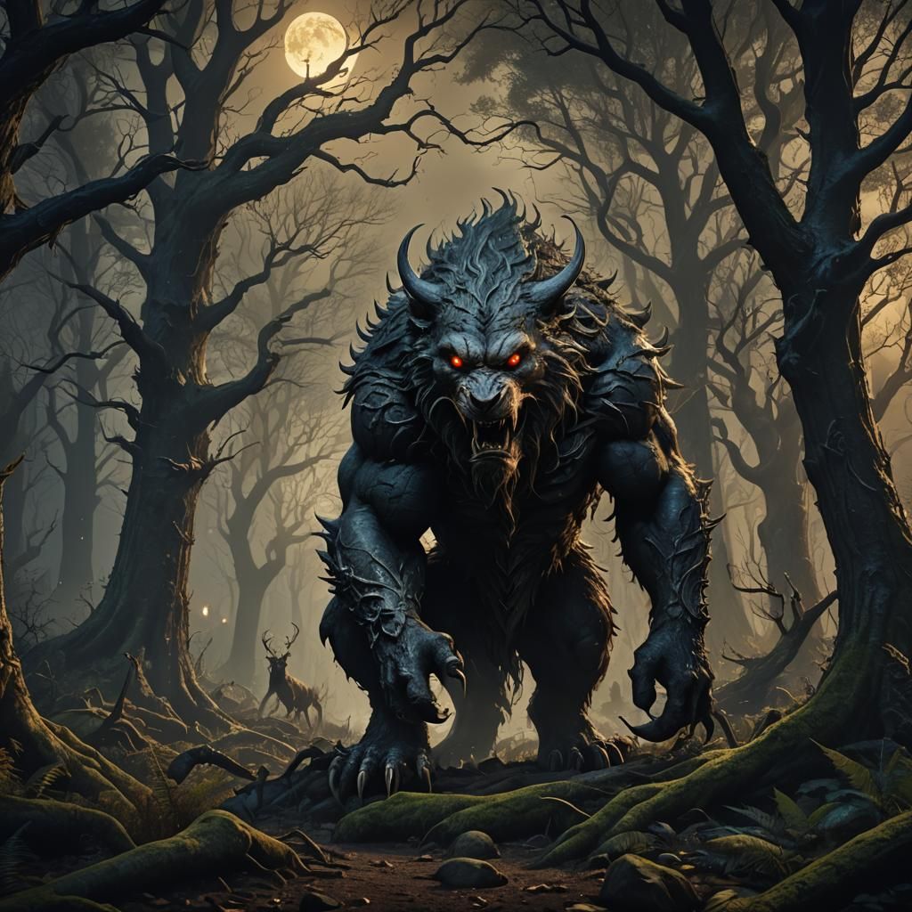 Eerie Shape Shifting Beast in Moonlit Forest