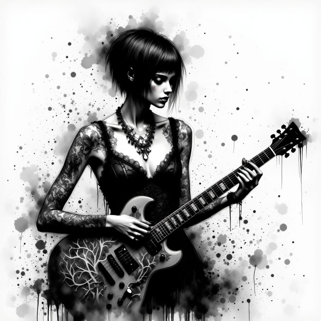 Goth Goddess Rocking Electric Guitar in Ink-Splattered Black...
