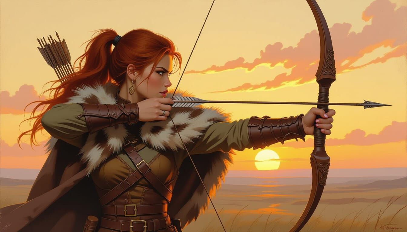 Amber Huntress with Longbow in Oil Painting Style