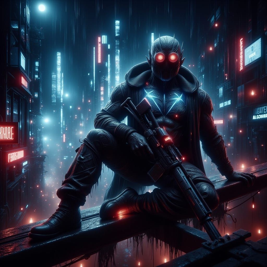 Cyberpunk Mercenary in Rain-Soaked Cityscape