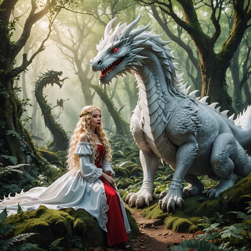 Girl and Dragon in Fairy Tale Forest