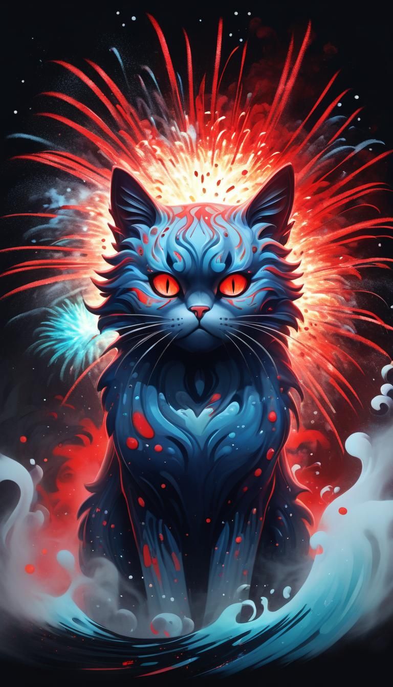 Chibi Cat in Galactic Fog, Fluid Gouache Painting