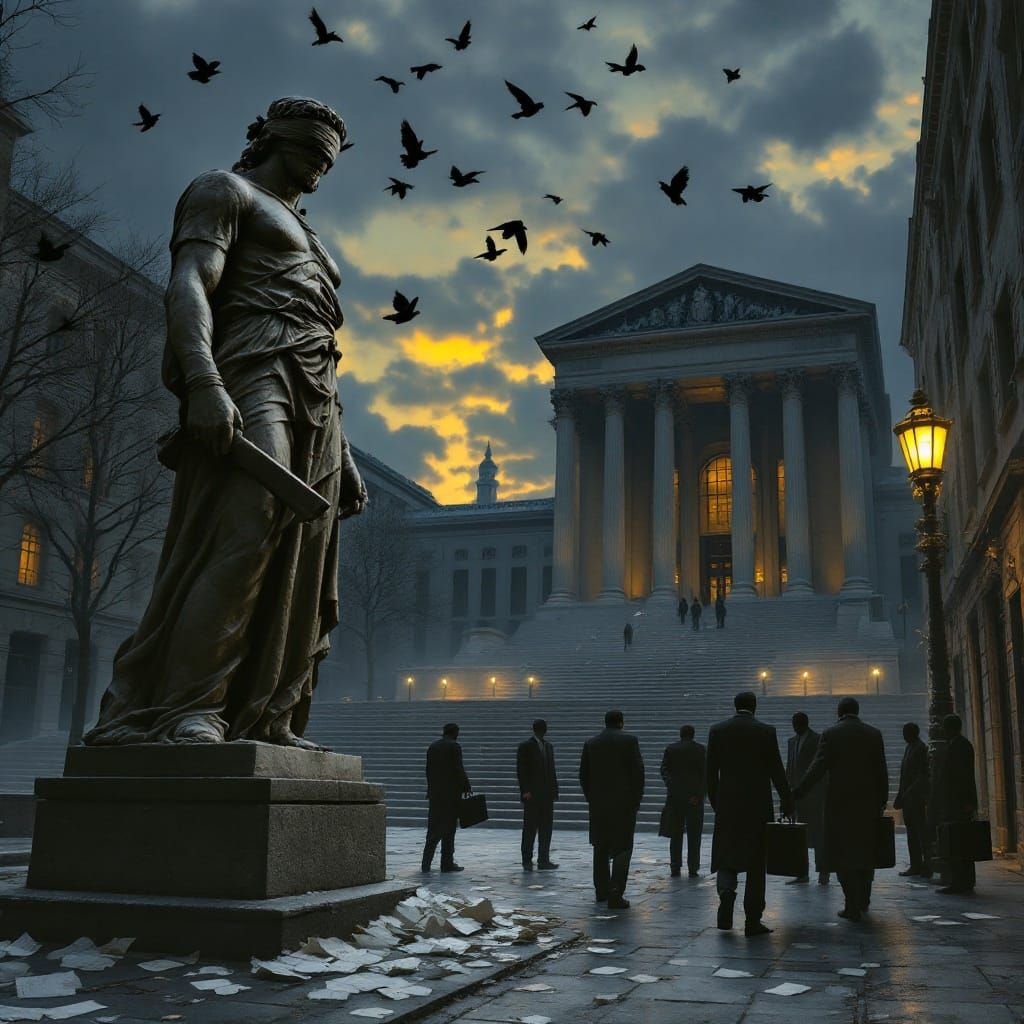 Justice Corrupted by Power in a City at Dusk