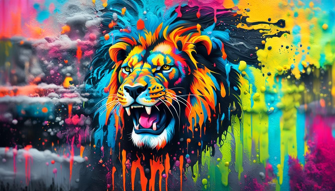 Vibrant Roaring Lion Street Art in Expressive Graffiti Style