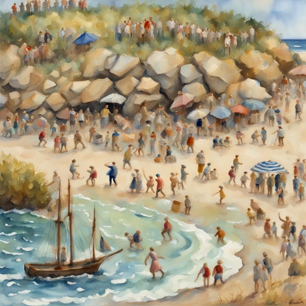 Gulliver Arrives in Lilliput: Watercolor Gouache Painting