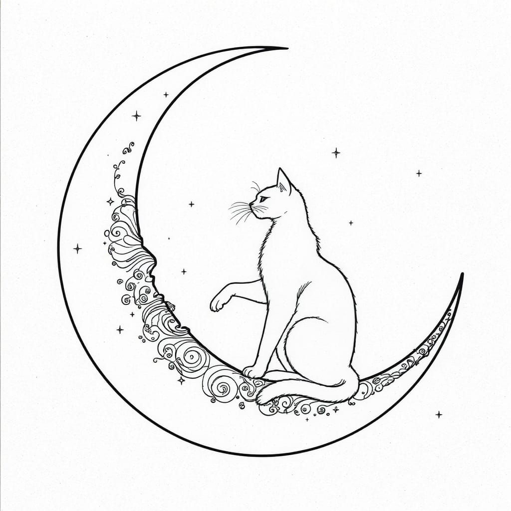 Art Nouveau Cat Silhouette in Crescent Moon