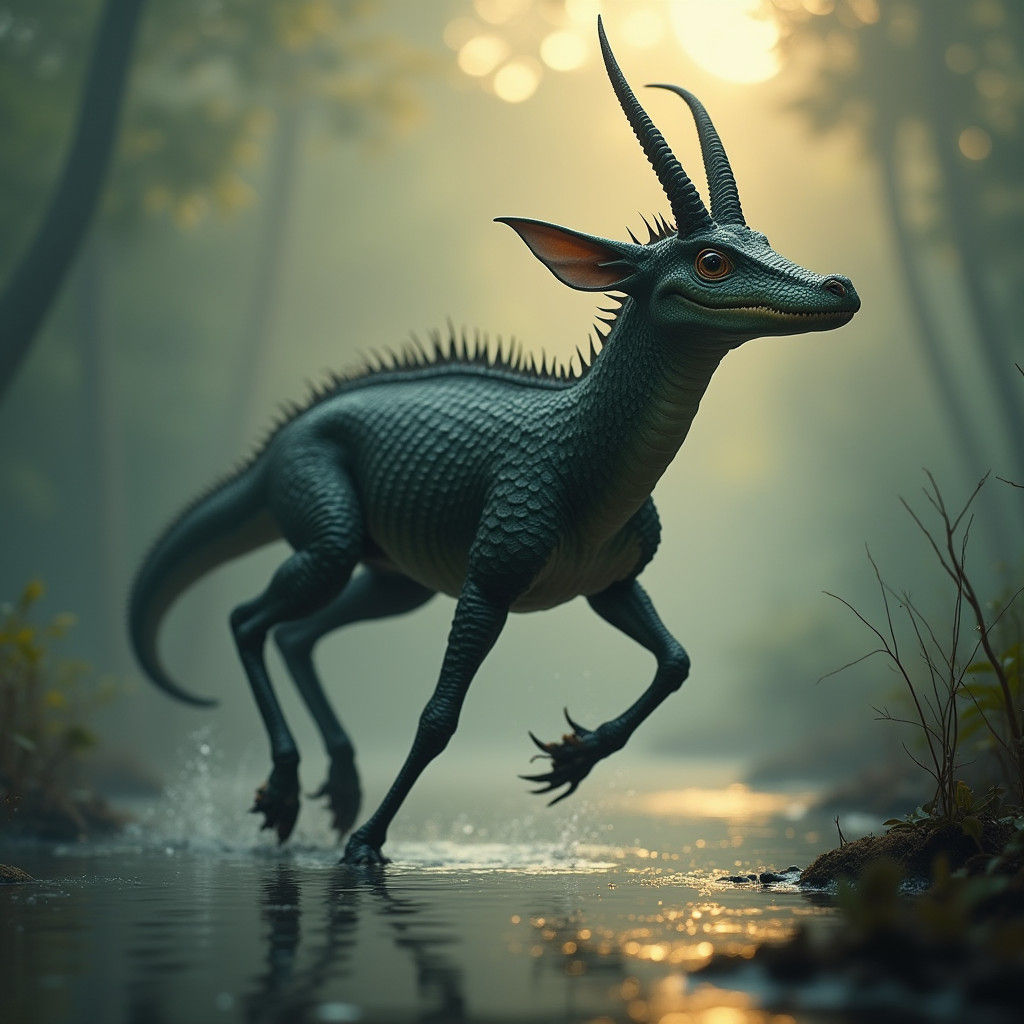 Gazelle-Crocodile Hybrid Runs in Misty Wetland