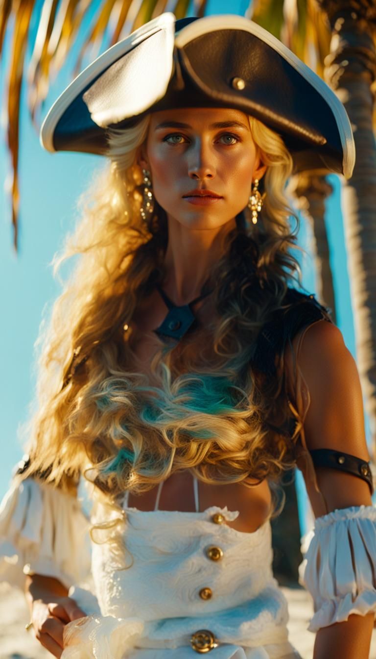 Woman on Beach in Pirate Hat, Cinematic Style