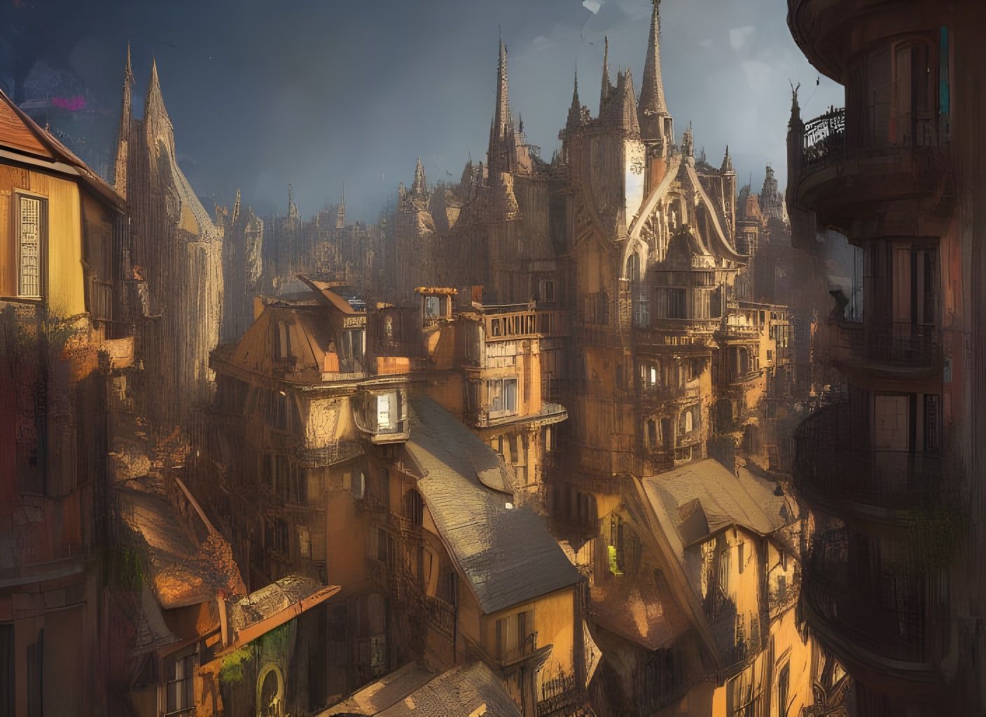 Fantastical Medieval Cityscape in Surrealist Style