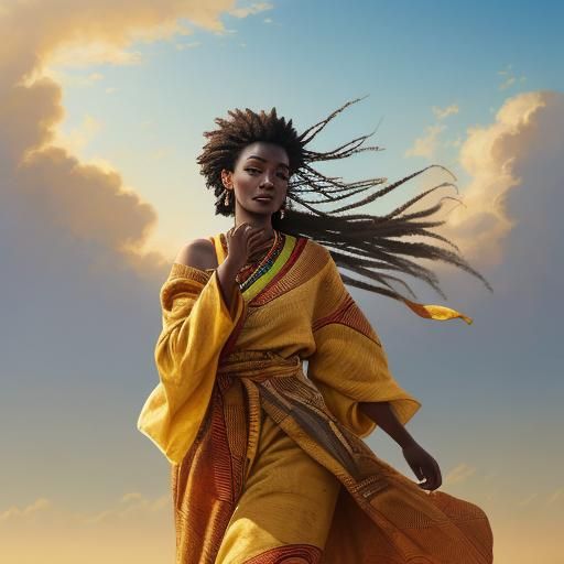 African Woman in Wind: Oil Painting with Golden Light