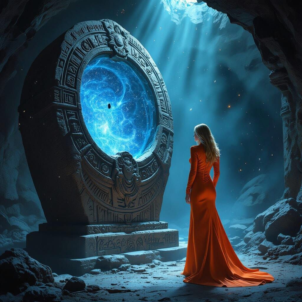 Woman Beside Ancient Sarcophagus in Dark Fantasy Style