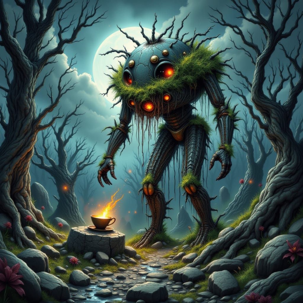 Automaton Guarding Pudding in Moonlit Graveyard