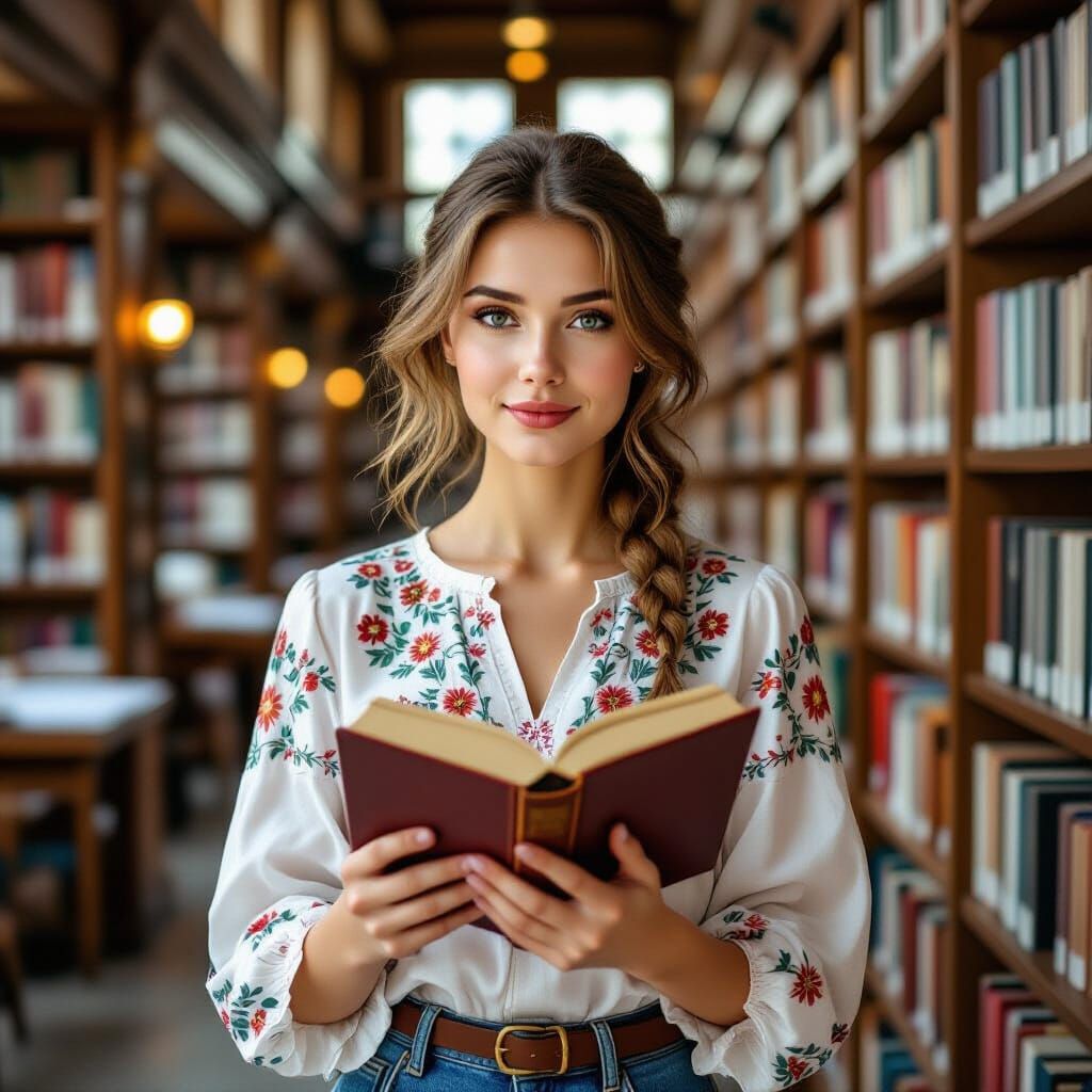 Ukrainian Woman in Library: Classic Portraiture Style