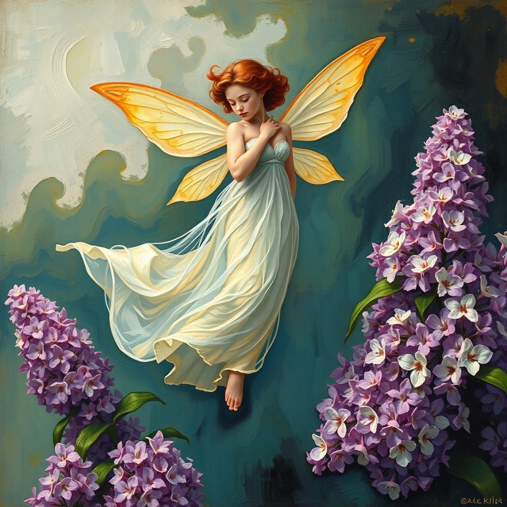 Whimsical Fairy in Vibrant Lilac Bush - Neo-Impressionist St...