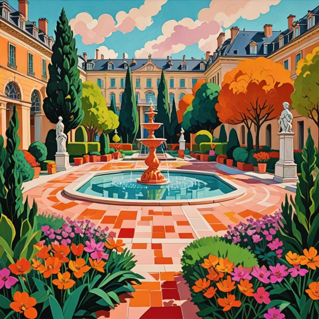 Surreal Cubist Jardins de Versailles in Vibrant Geometric Ab...