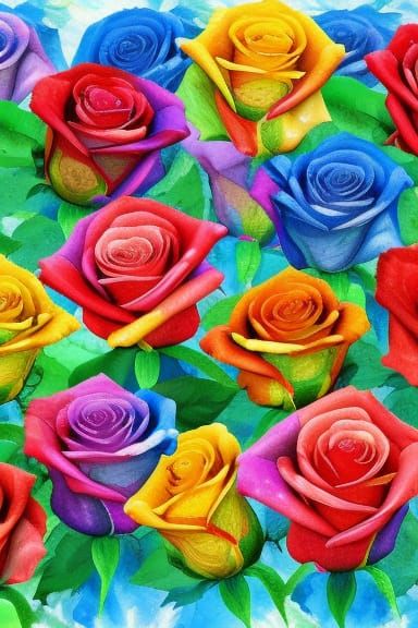 Rainbow Roses as Gouache Watercolor Painting