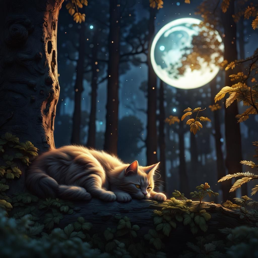 Cat Nap: Forest Night in Detailed Matte Painting