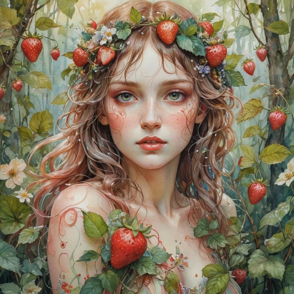 Fairy of Wild Strawberry in Watercolor Fusion Style