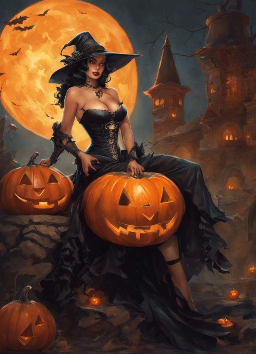 Latina Witch Pin-Up with Jack-O'-Lantern, Digital Art