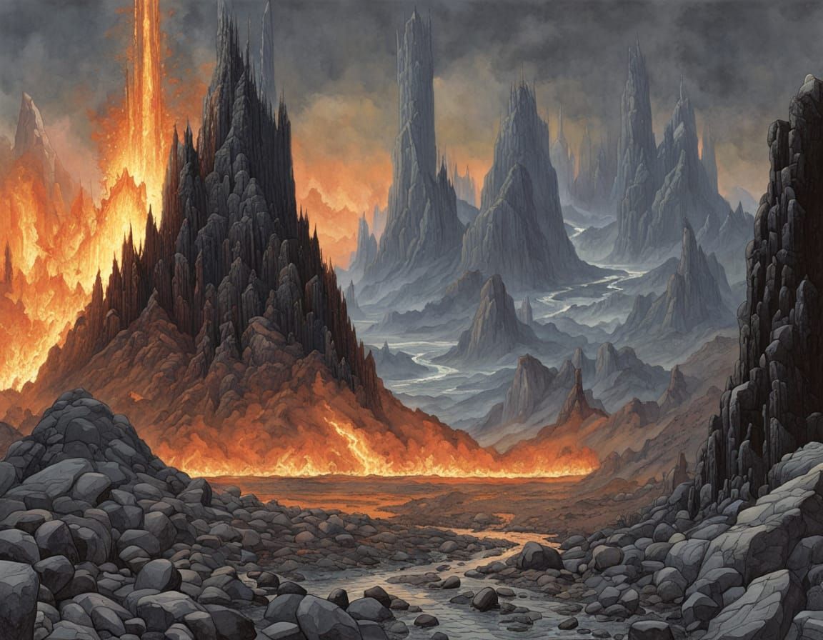 Dark Mordor Landscape with Fiery Skies and Treacherous Path