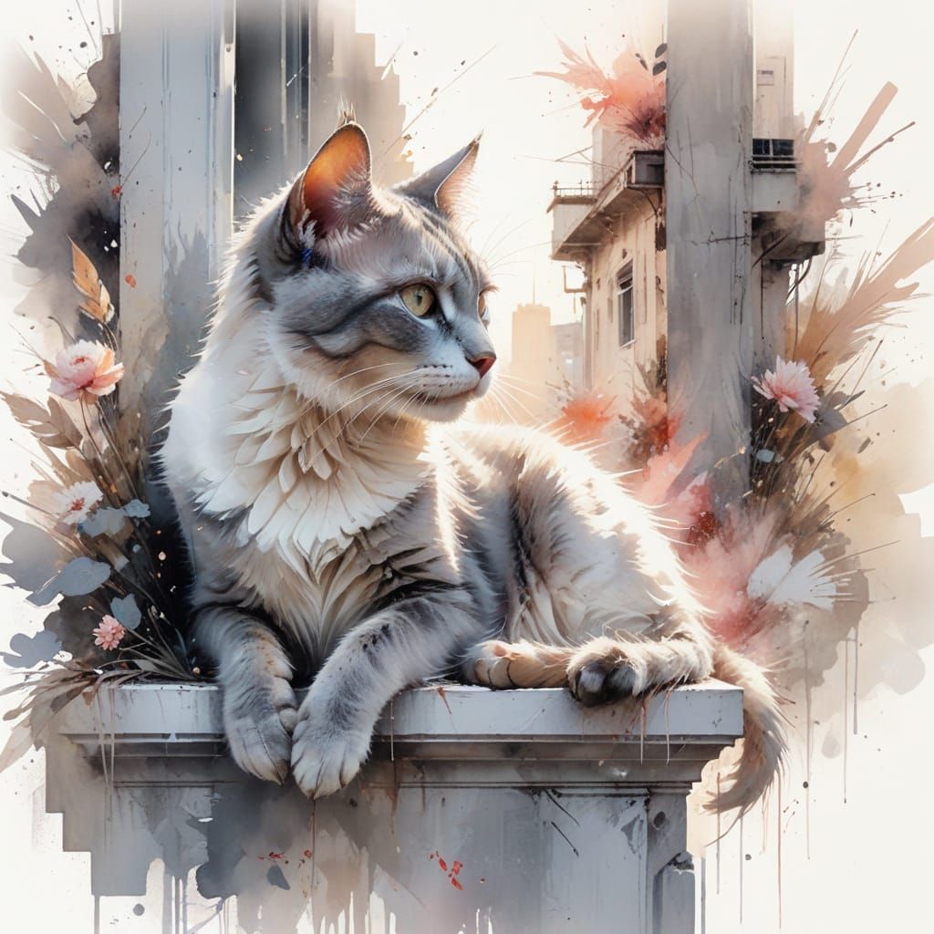 Cat on Windowsill in Watercolour Style