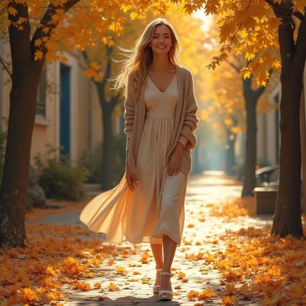 Elegant Woman in Autumn Light, Impressionistic Style
