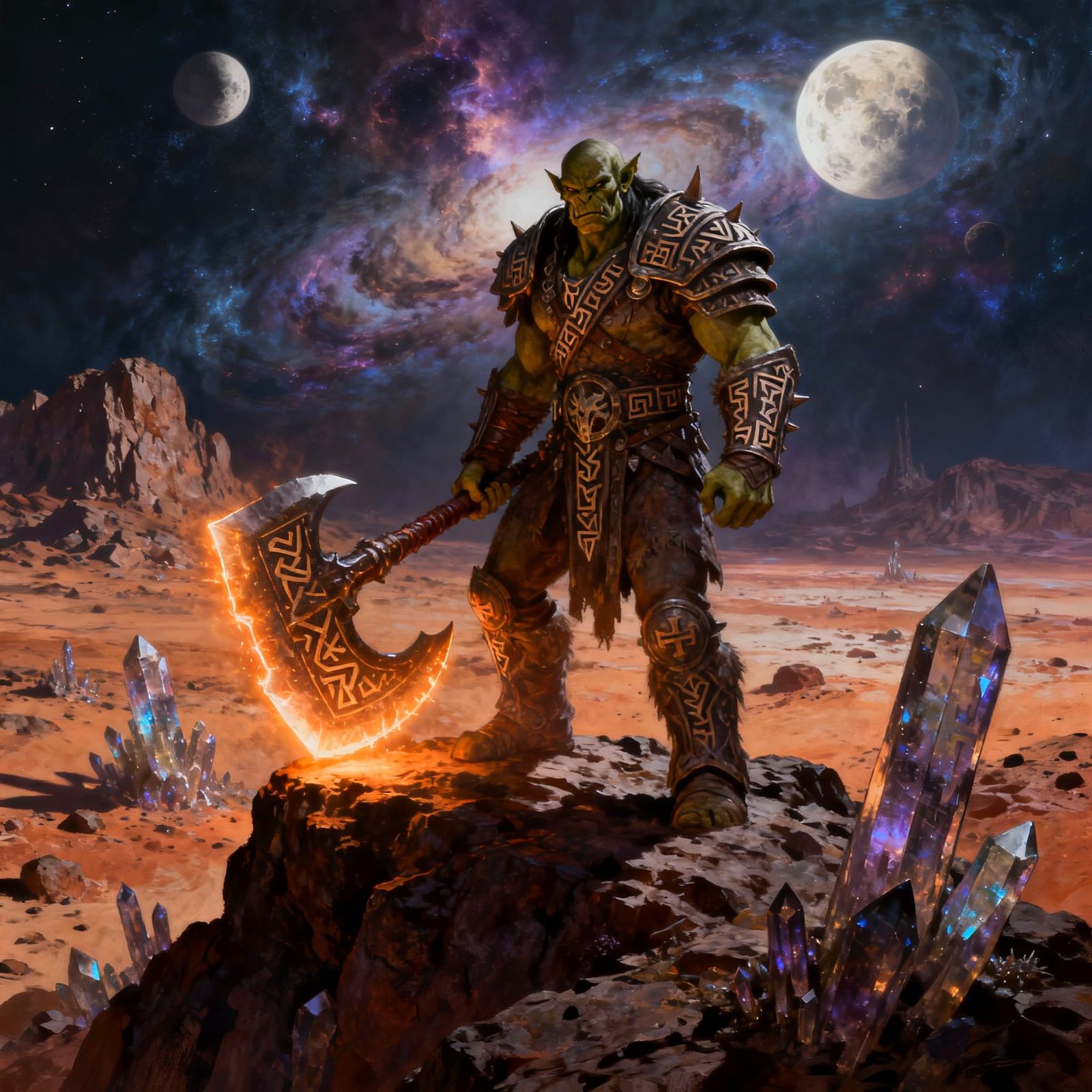 Orc Warrior on Alien Planet with Glowing Axe
