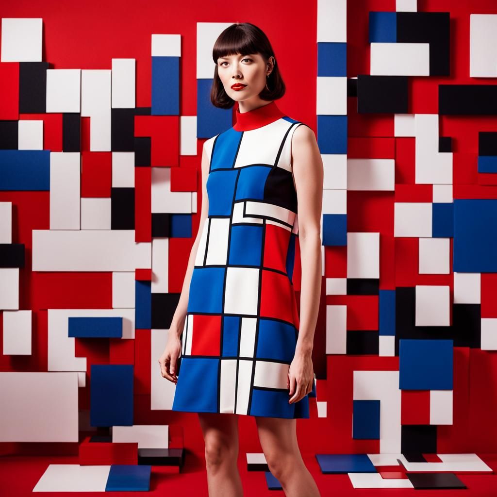 Woman in Geometric Dress Inspired by Mondrian