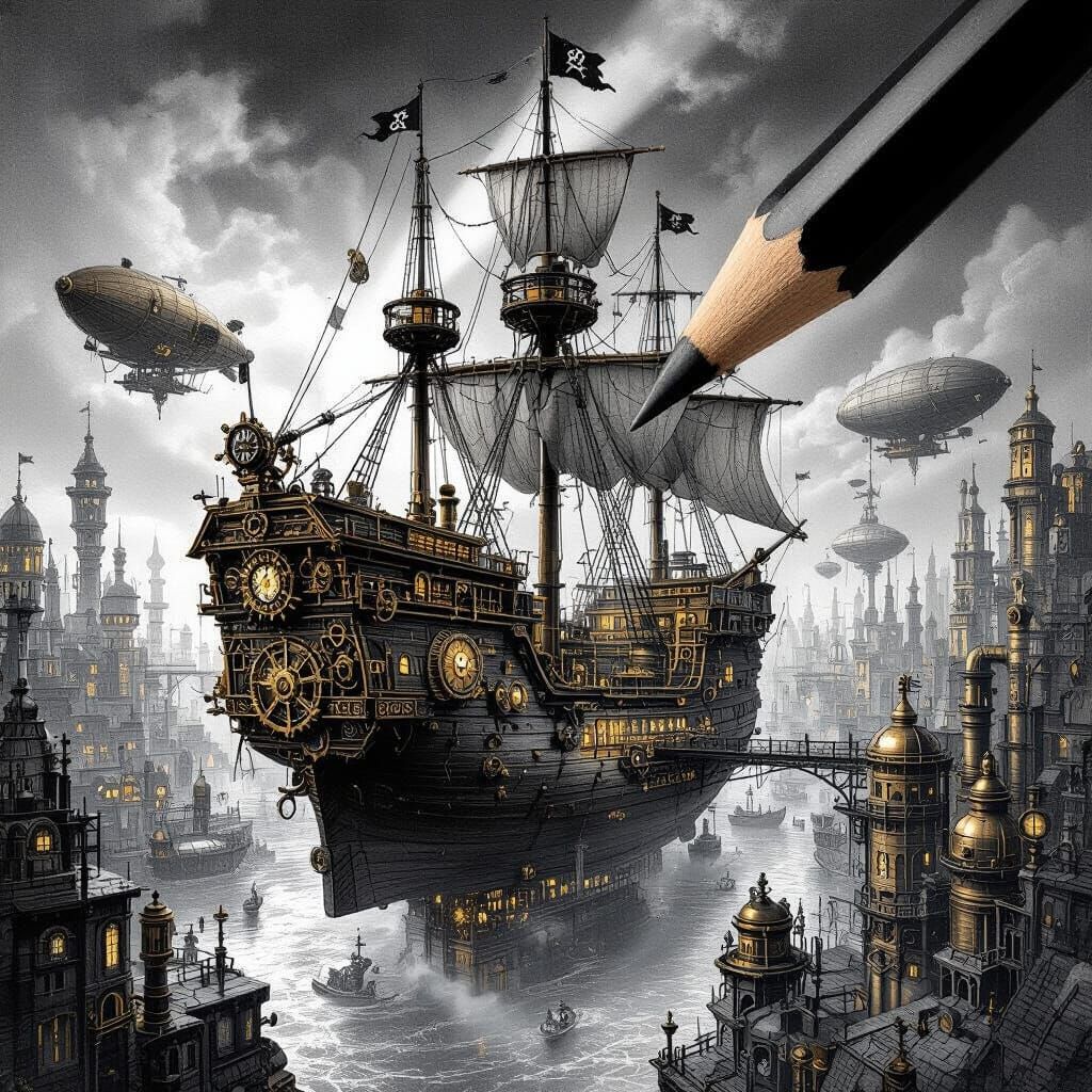 Steampunk Pirate City Drawn in Graphite