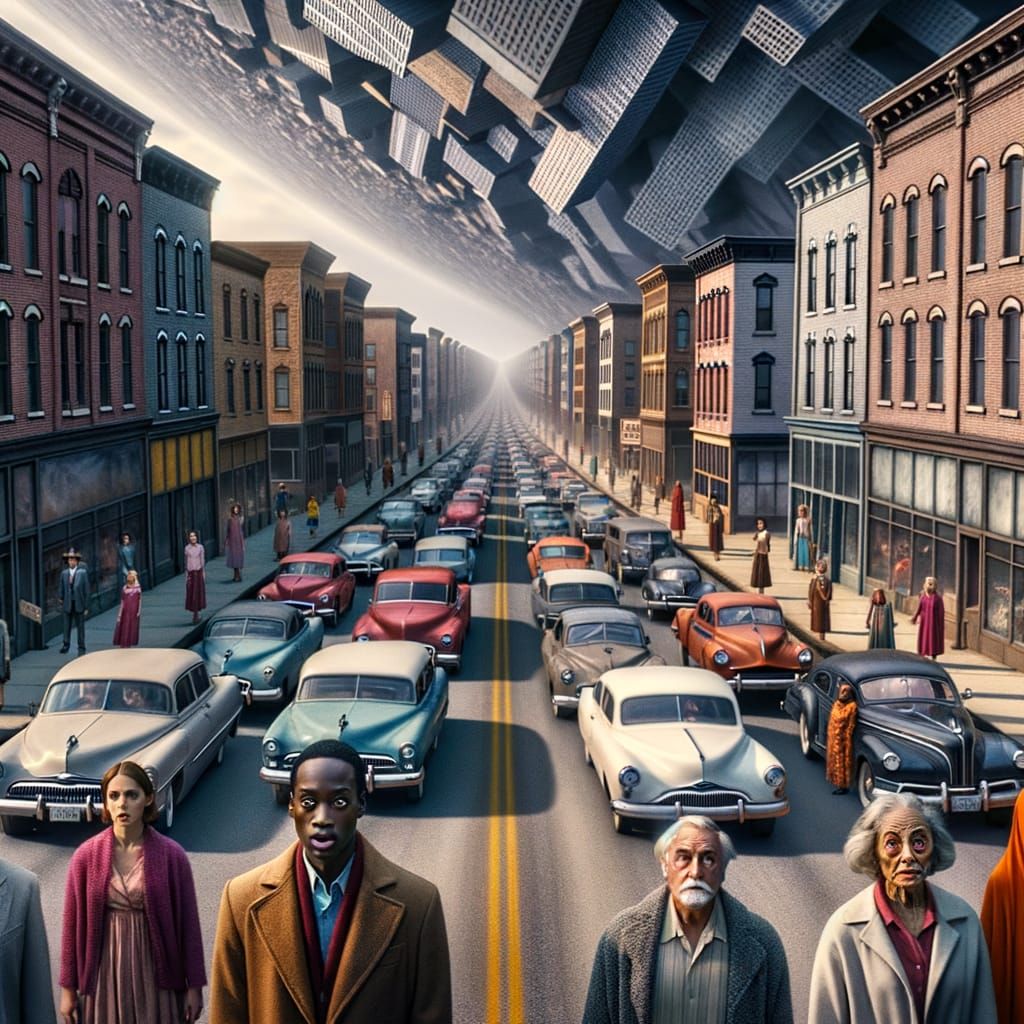 Automobiles Enter Unsettling Midwestern Town in Parallel Rea...