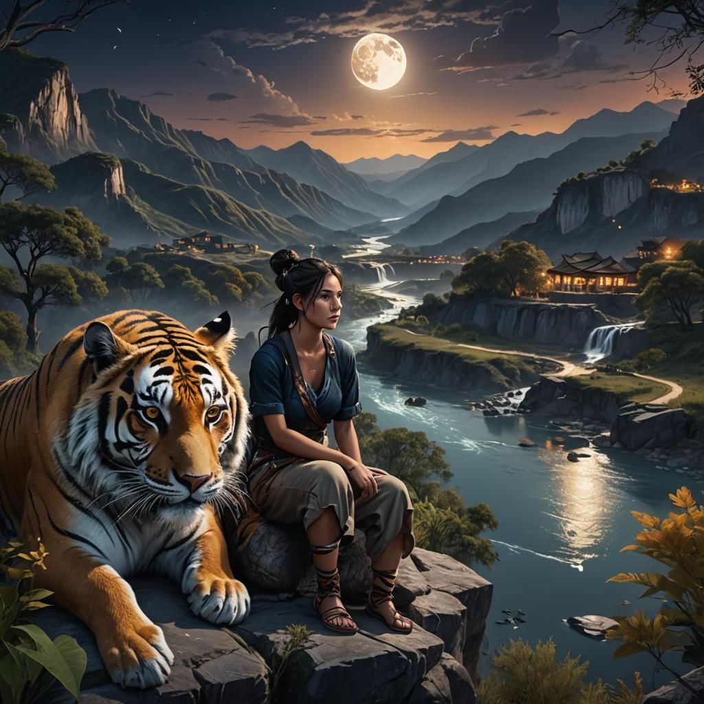Beautiful woman and her pet tiger