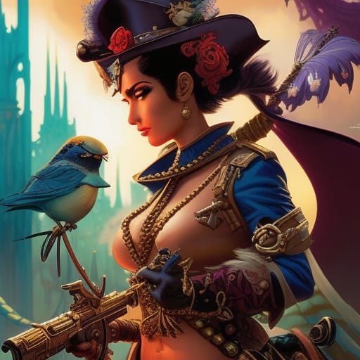 Pirate Captain with Parrot, Hyperrealistic Detailed Artwork