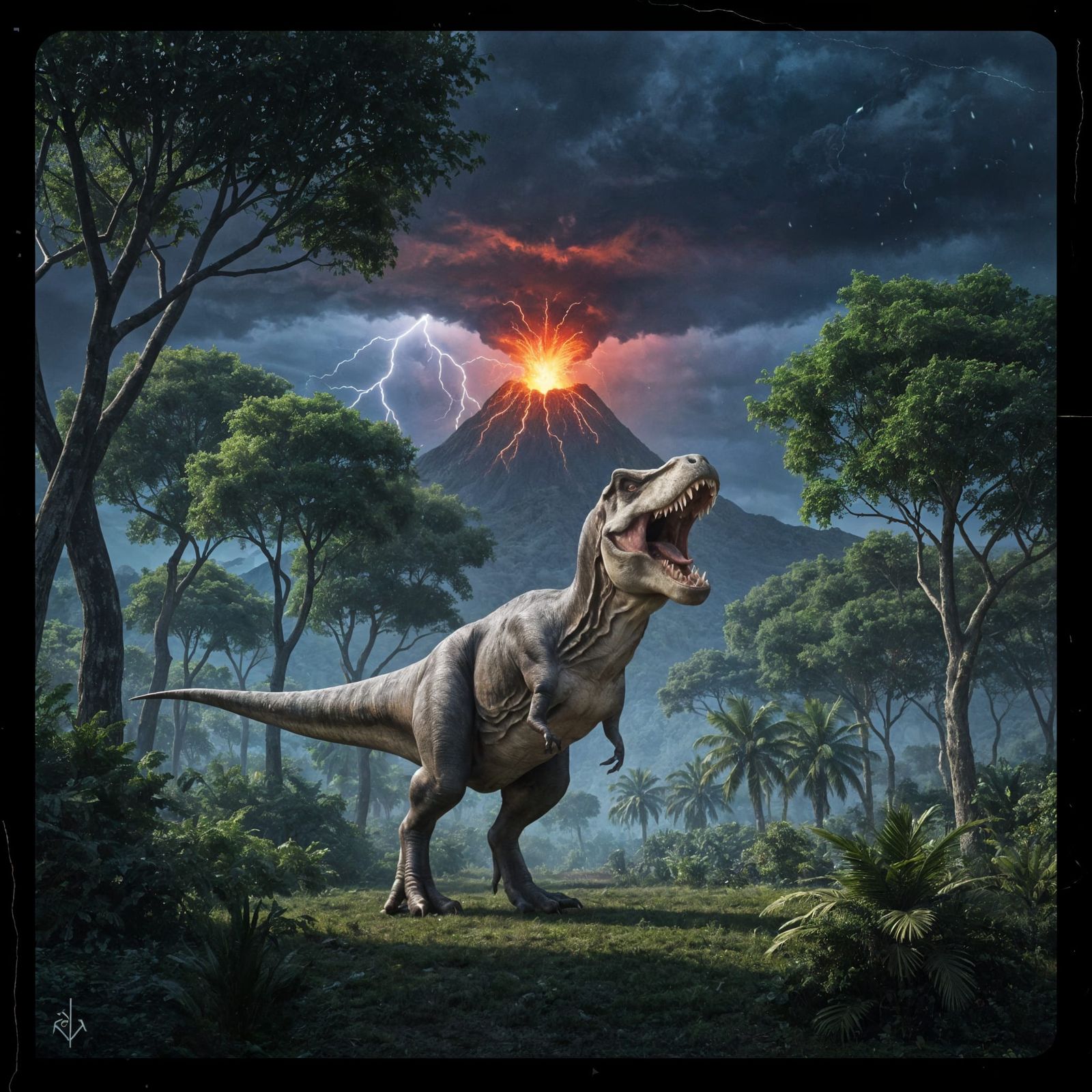 Roaring T-Rex in Erupting Volcano Landscape