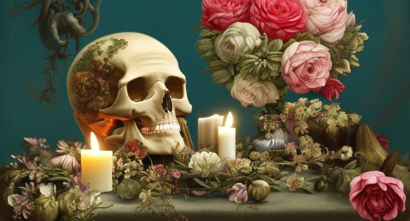 Floral Skull Still Life in Renaissance Style