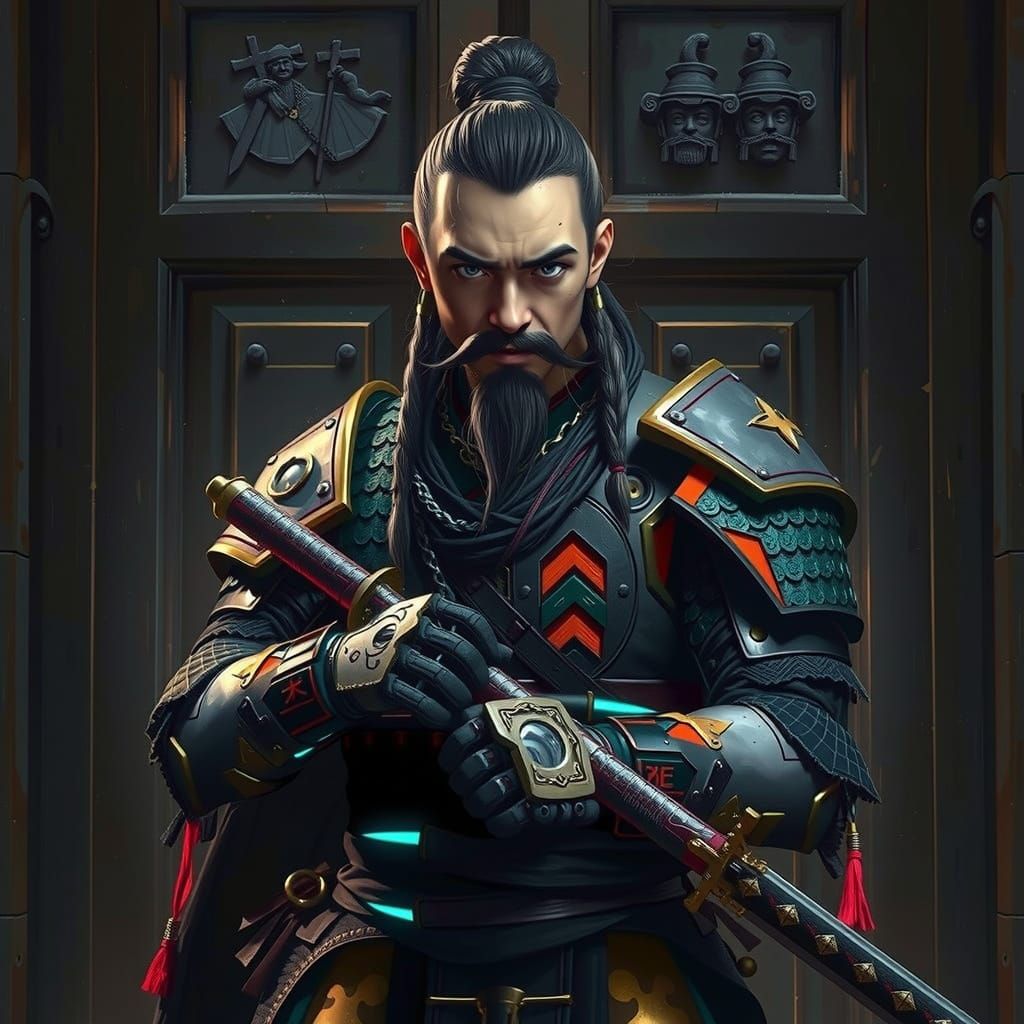 Detailed Samurai in Multi-Layered Armor, Impasto Painting