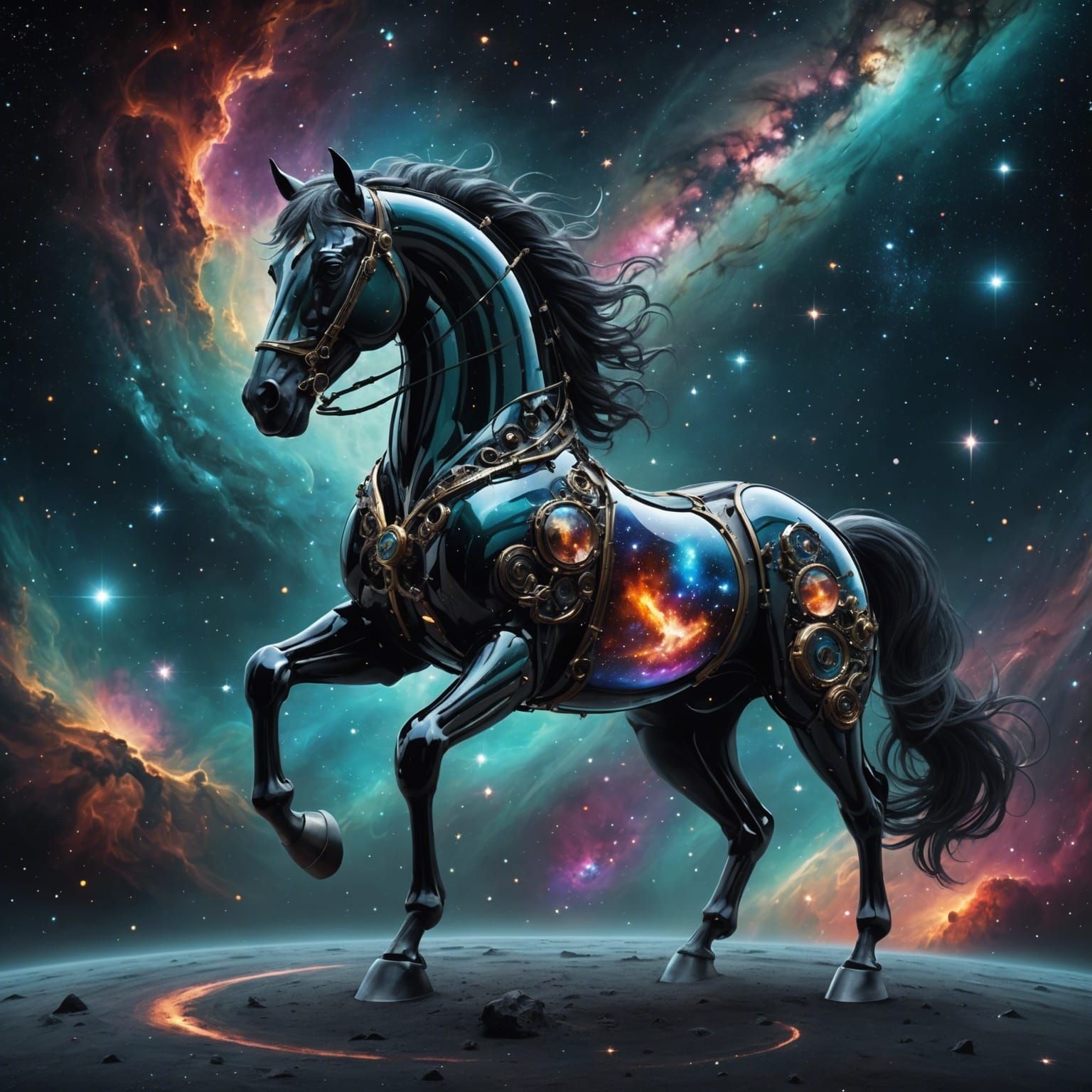 Glass Mechanical Horse Floating in Deep Space