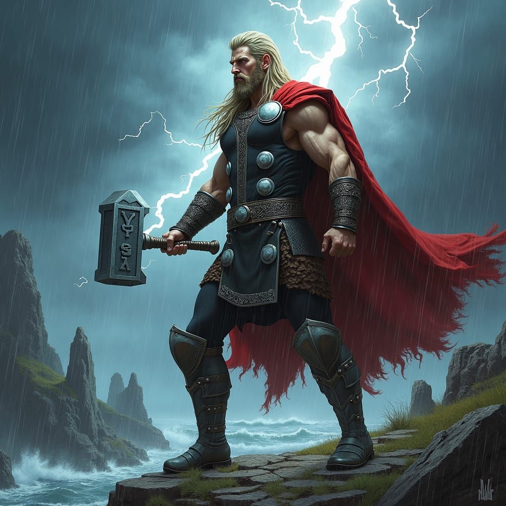 Thor, Norse Warrior, Amidst Storm with Mjolnir