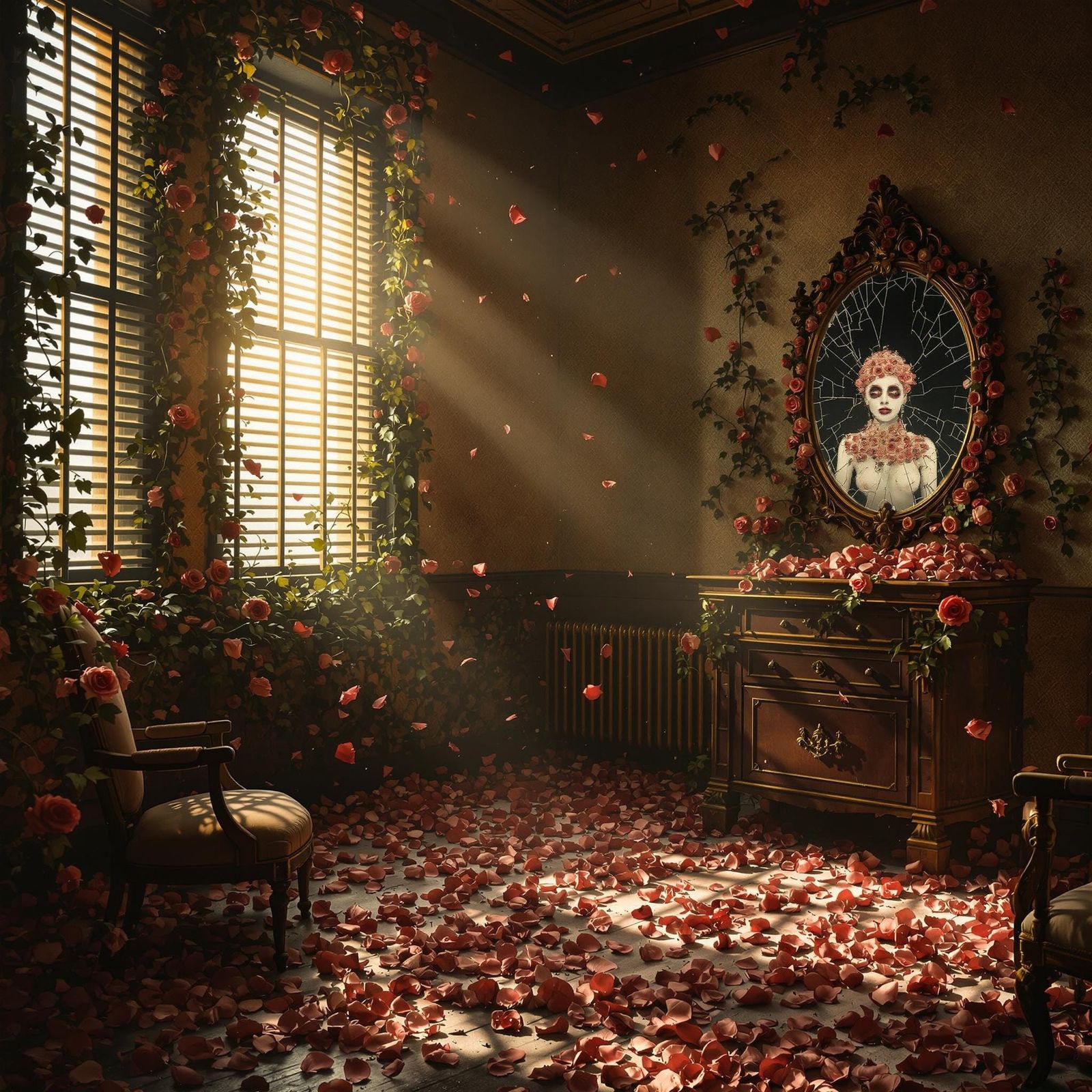 Abandoned Victorian Room with Roses in Golden Light