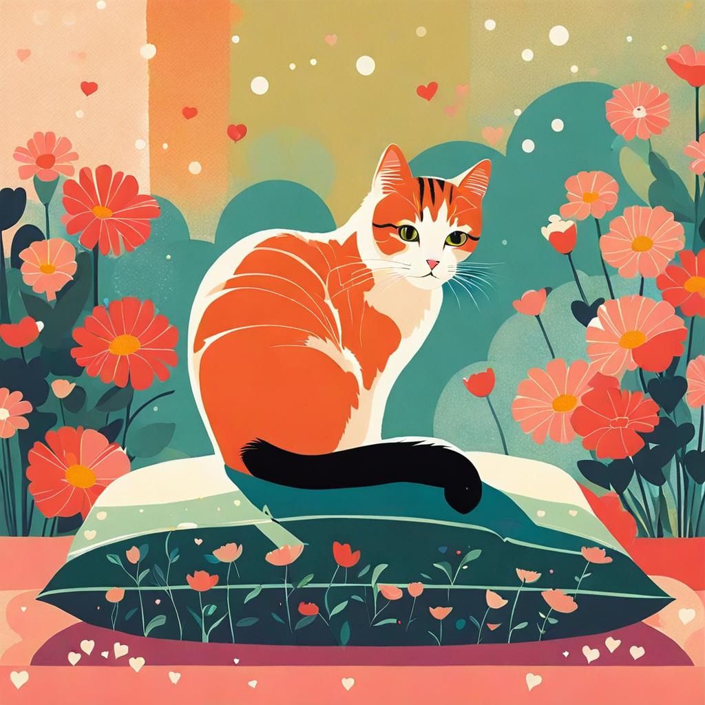 Cute Cat Surrounded by Flowers Illustration