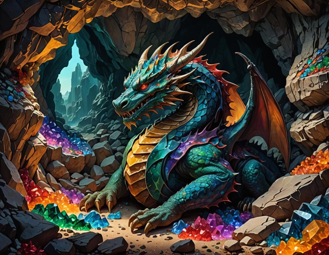 Dragon Sleeping in Cave with Crystals