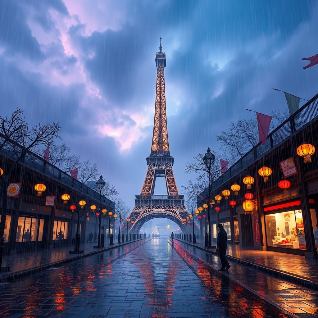 Eiffel Tower in a Whirlwind of Rain and Color
