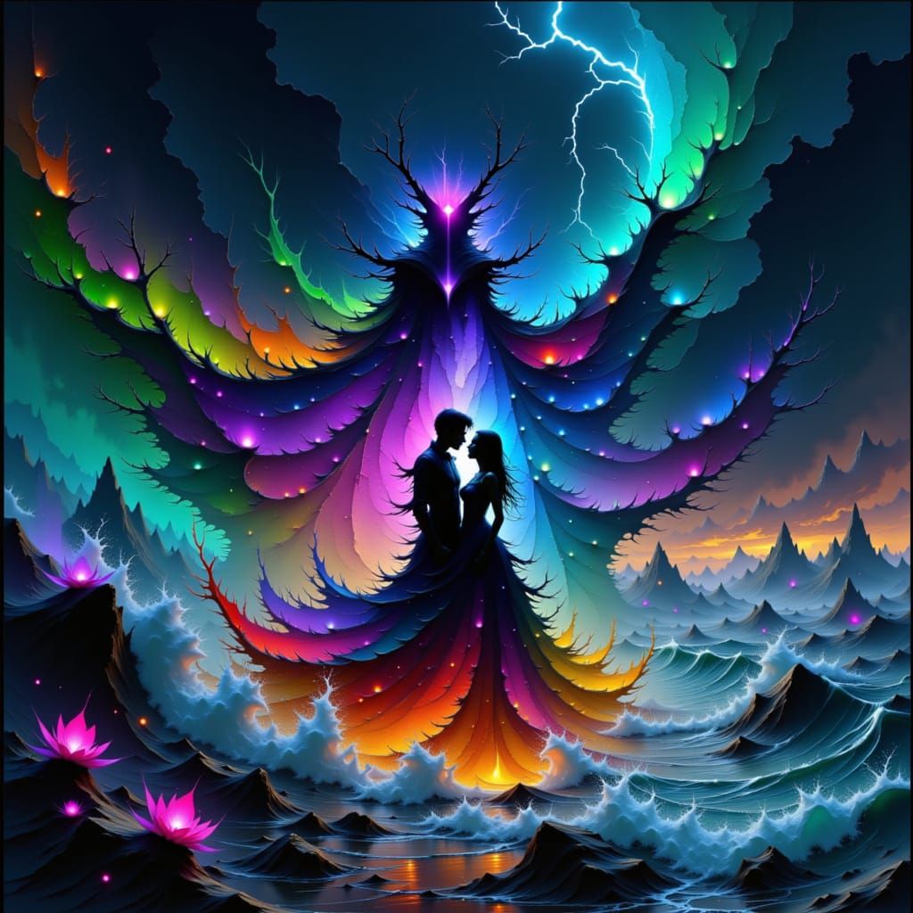 Couple Amidst Elemental Chaos in Vibrant Surreal Landscape