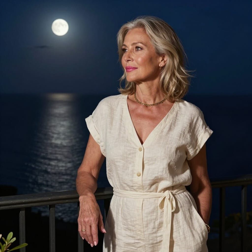 Elegant Woman Overlooks Moonlit Mediterranean Sea
