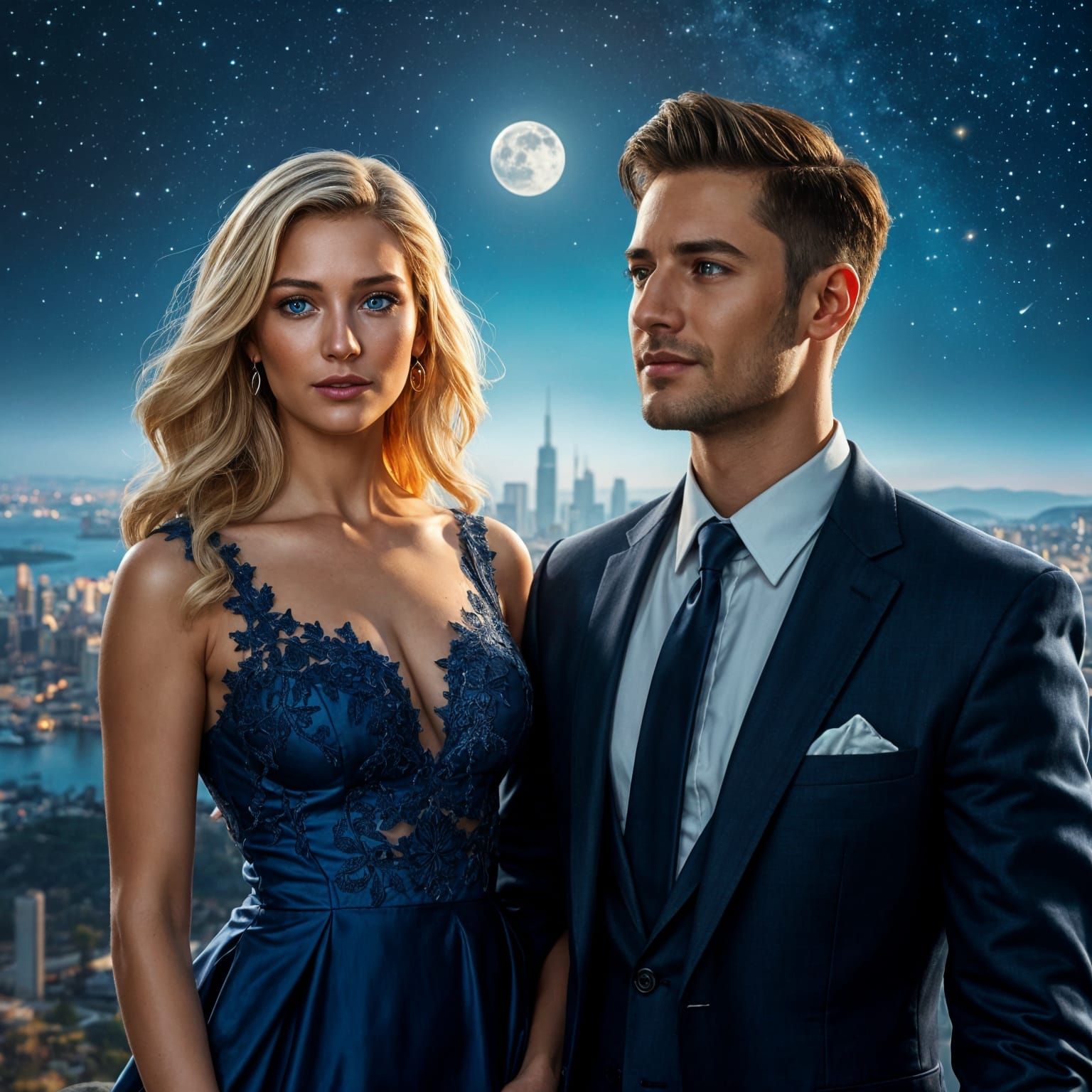 City Skyline View with Woman and Man, Digital Art