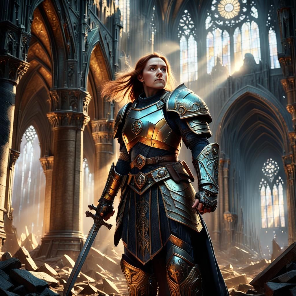 Heroic Female Dwarf Paladin in Gothic Cathedral