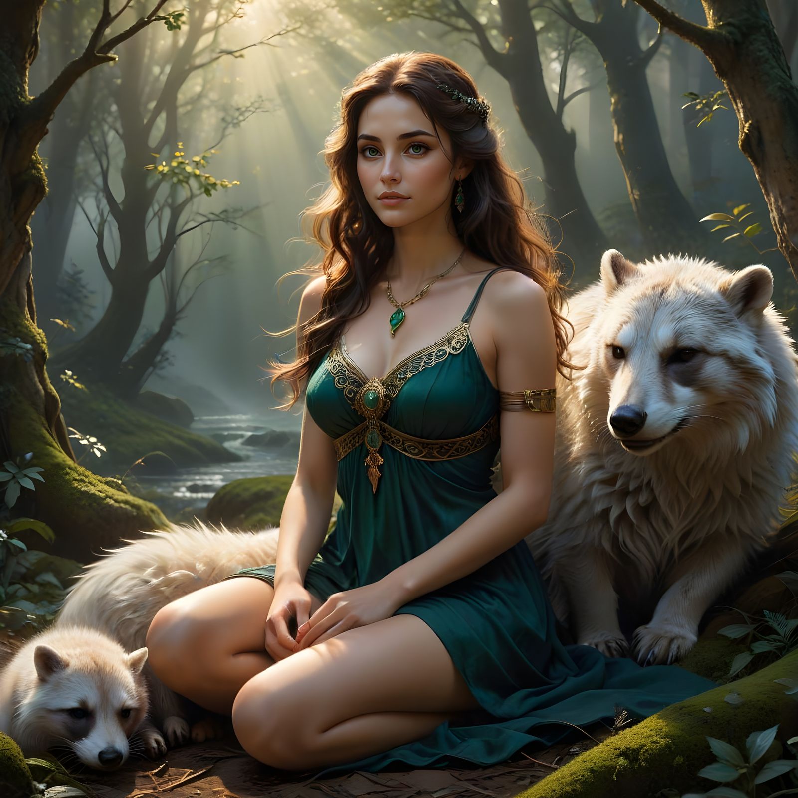 Norse Goddess Kneels Beside a Sleeping Badger in an Oil Pain...