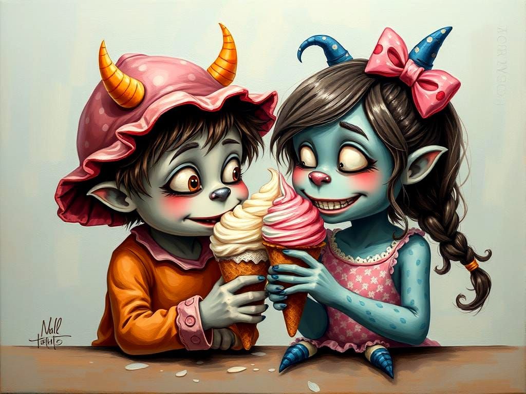 Monsters Share Ice Cream: A Whimsical Oil Painting